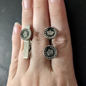 Silver Tone Black Crown Pattern Cuff Links and Tie Clip Set